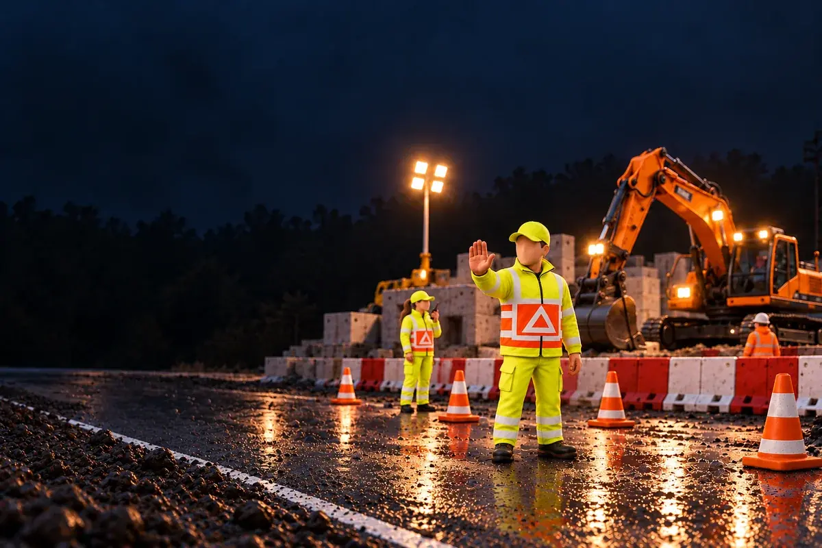 Gezichtsloze 3D-verkeersregelaars in geel-oranje reflecterende kleding bij een afgezet werkvak